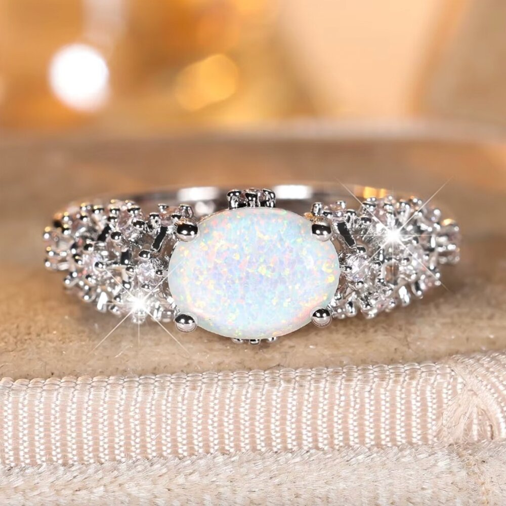 NEW 14k Gold White Round Opal Ring Band Diamond Opal Ring